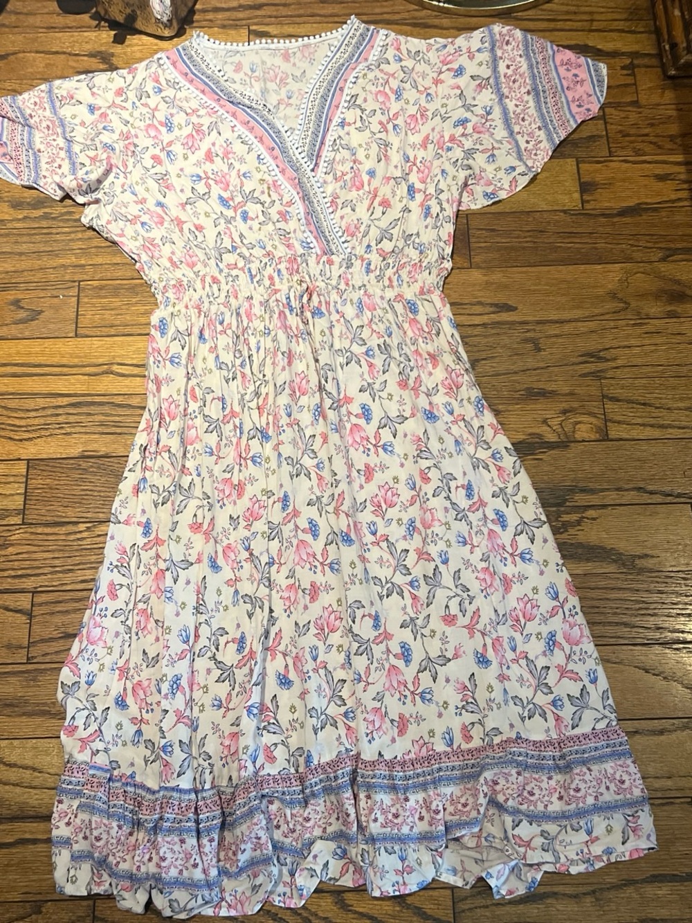 & Other Stories Cream Floral Midi Dress with Pink and Blue Accents